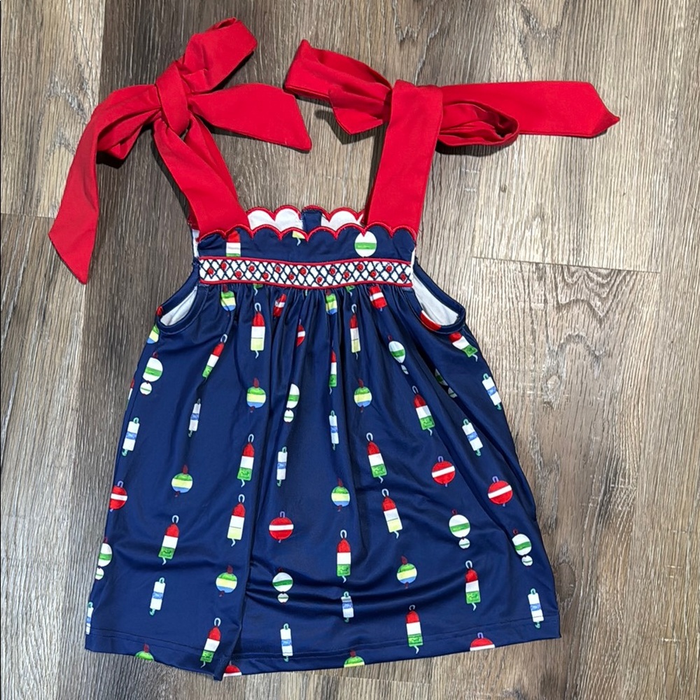 Navy Fishing Bobber Shirt with Red Bow Straps